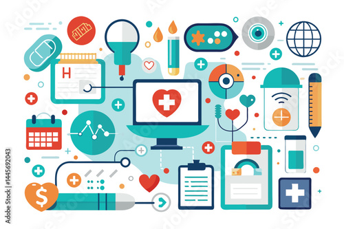 This digital illustration features various symbols representing healthcare technology, including telehealth tools, patient records, and medical research elements, all vibrantly designed.