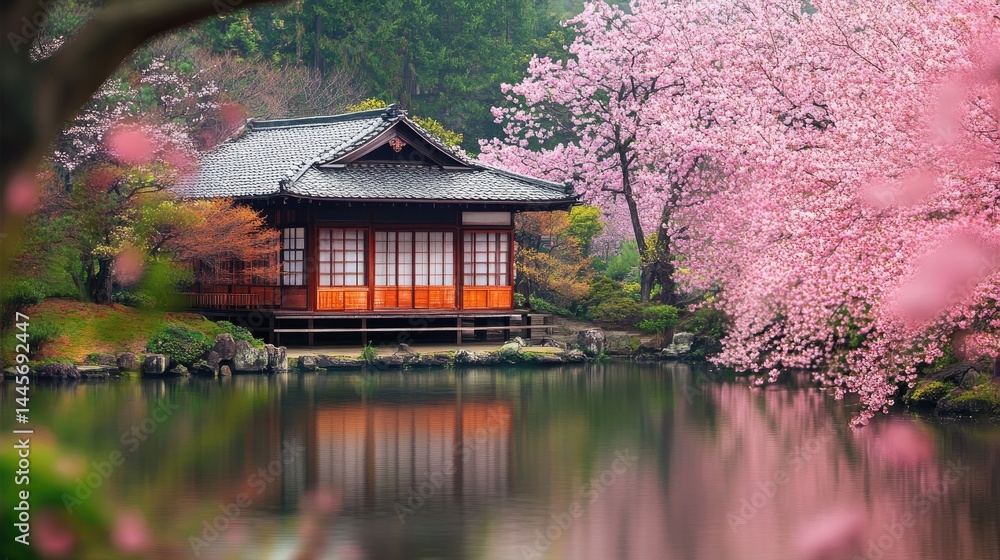 Tranquil Japanese Garden with Cherry Blossom and Reflection Tranquil Japanese Garden with Cherry Blossom and Reflection