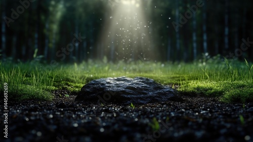 Mystical stone in a forest glade. Sunlight beams down on a dark rock amidst vibrant greenery and moss