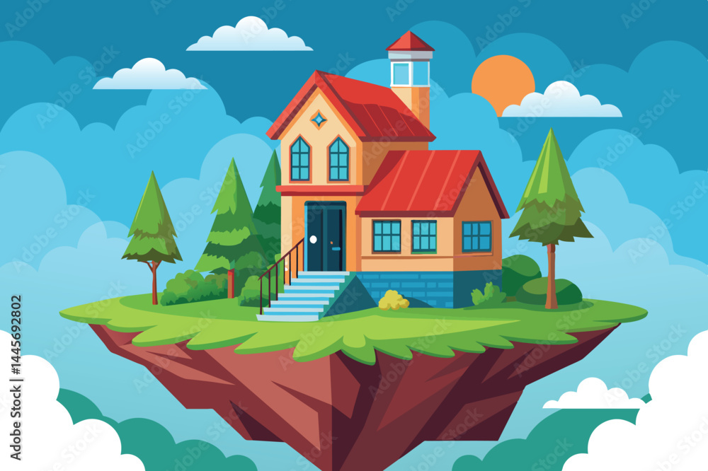 Naklejka premium A charming house rests on a floating island, surrounded by lush trees and fluffy clouds, under a vibrant sun in a fantasy landscape.