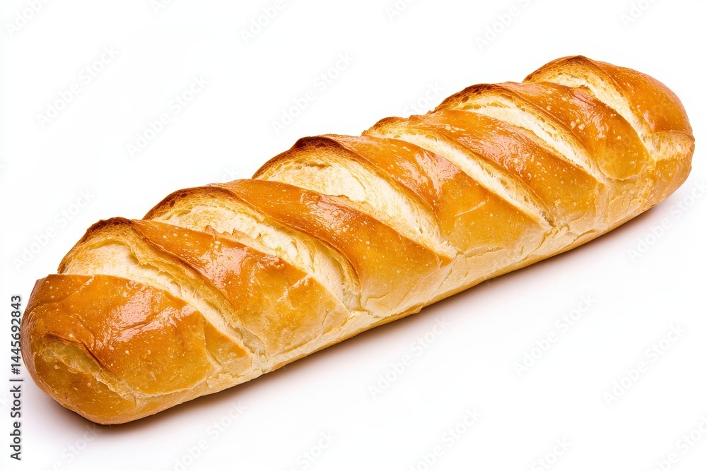 Golden brown crusty baguette on white background, freshly baked bread, long loaf, detailed texture, studio shot, food photography Golden brown crusty baguette on white background, freshly baked bread, long loaf, detailed texture, studio shot, food photography