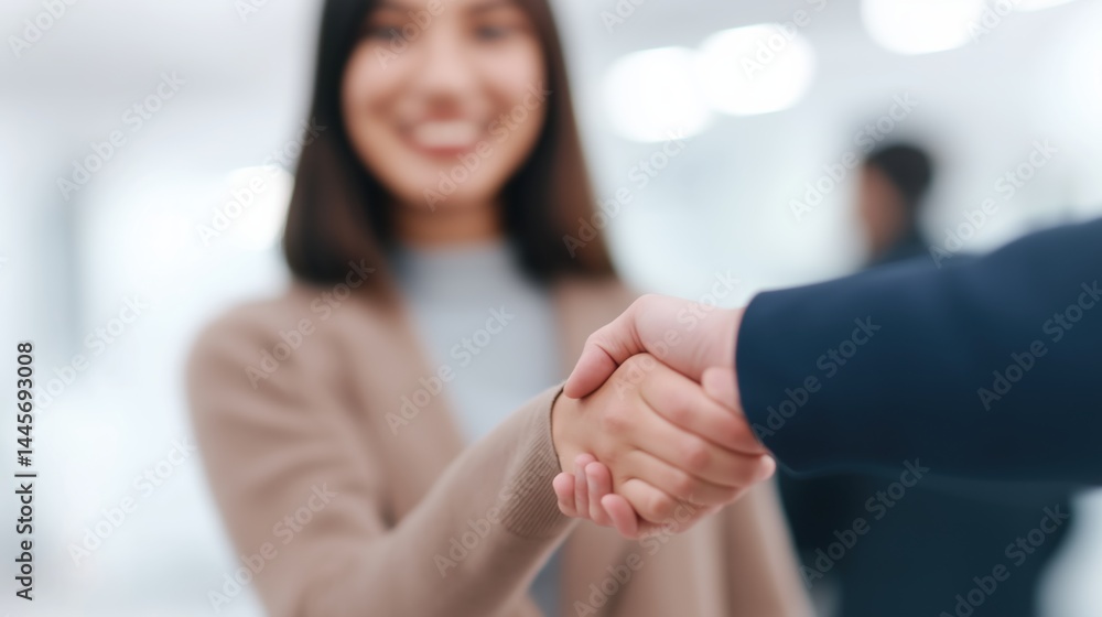 Handshake signifies new partnership in modern office setting during daytime hours.