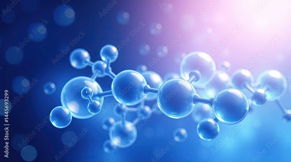 Molecular structure; vibrant blue spheres connected by bonds, glowing softly against a blurred background Molecular structure; vibrant blue spheres connected by bonds, glowing softly against a blurred background