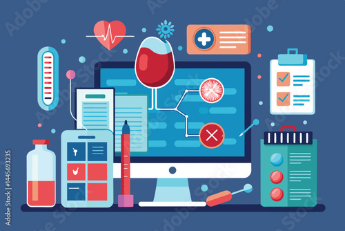 A colorful digital workspace showcases various medical technology tools, including lab equipment, health data charts, and a computer screen, promoting health analysis and innovation.