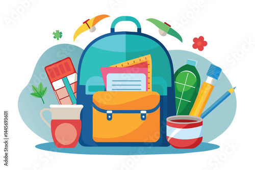 A vibrant backpack is filled with essential school supplies like notebooks, colorful pens, and a water bottle, creating an organized and cheerful study space.