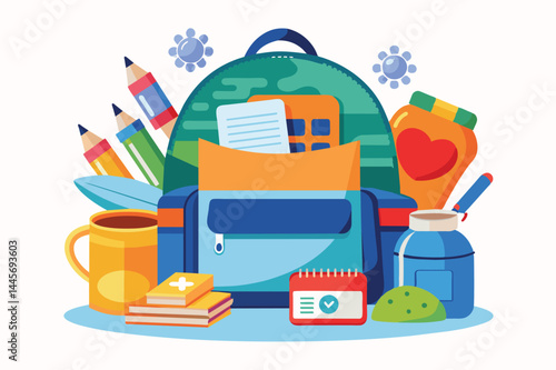 A vibrant backpack overflowing with essential school supplies including pencils, notebooks, snacks, and a water bottle, all set against a simple background.
