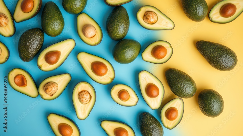 Vibrant flat lay showcasing whole and halved avocados arranged on a split blue and yellow background. Vibrant flat lay showcasing whole and halved avocados arranged on a split blue and yellow background.