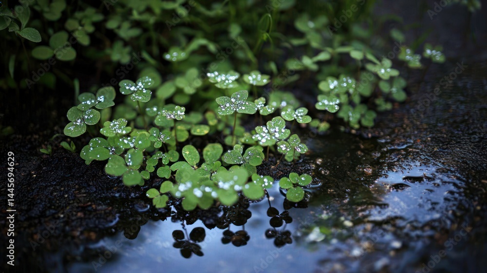 Fresh green clovers grow near a small reflective puddle of water Fresh green clovers grow near a small reflective puddle of water