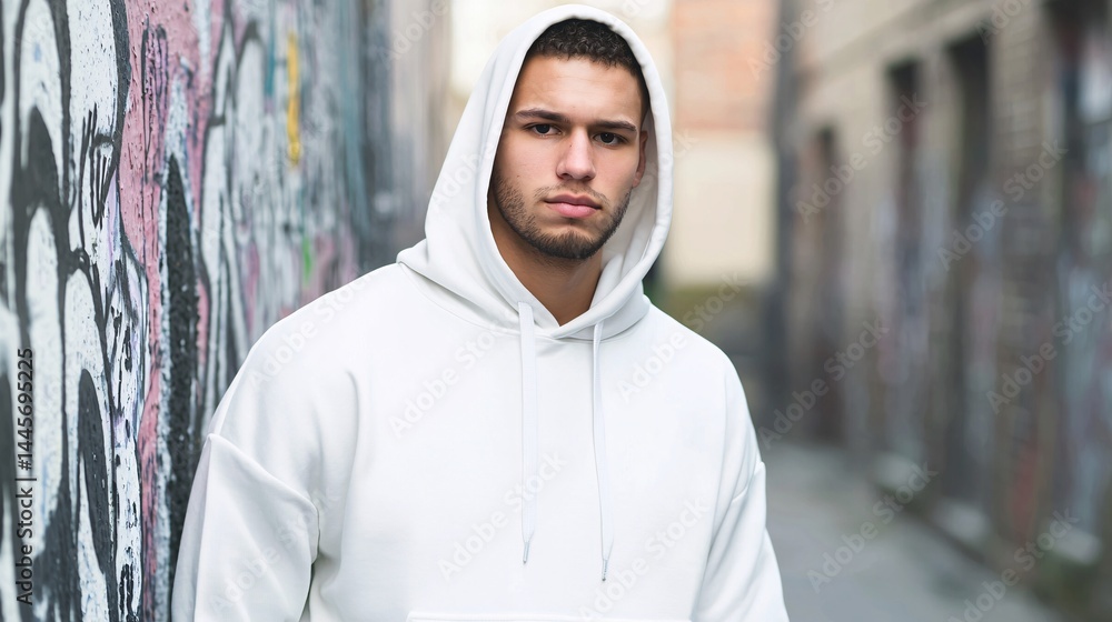 Obraz premium man loitering near a graffiti-covered alley, wearing hoodie, appearing suspicious, representing motivated offender in urban setting Crime triangle theory youth delinquency, crime risk, graffiti 
