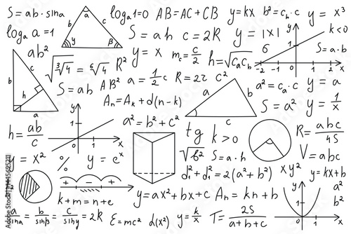 Collection of math formulas, equations, and graphs in clean linear style. Ideal for education and STEM projects.
