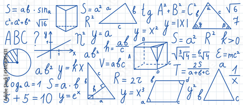 Mathematical elements, formulas, and diagrams on a squared notebook paper texture. Perfect for educational visuals and study-themed content.