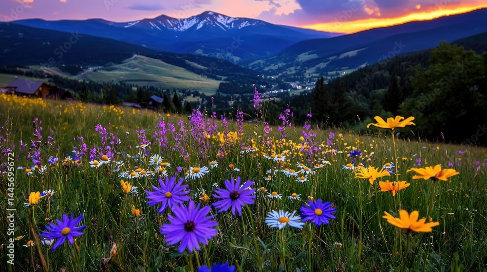 Obraz premium A field of wildflowers in a mountainous valley setting