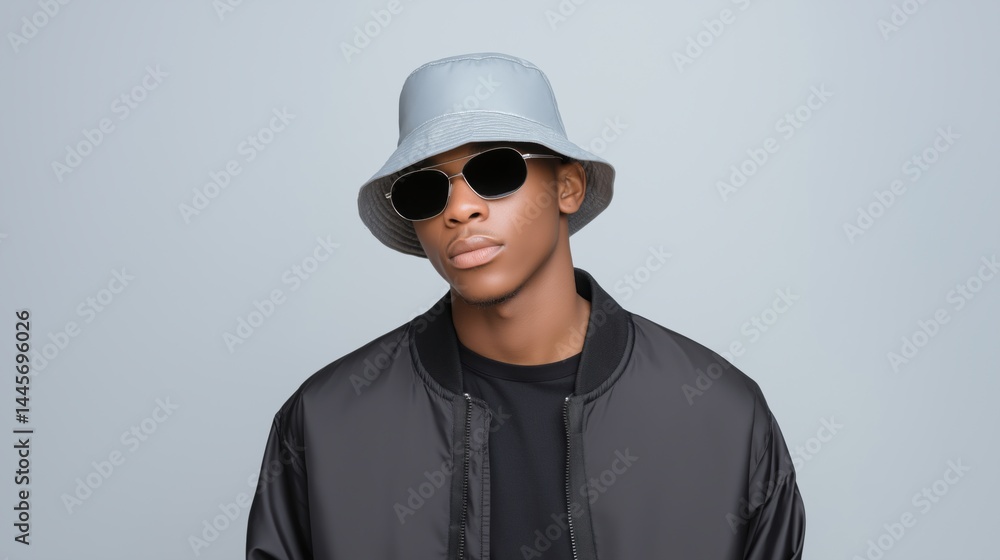 Young man wearing sunglasses and a bucket hat poses confidently against a plain background.