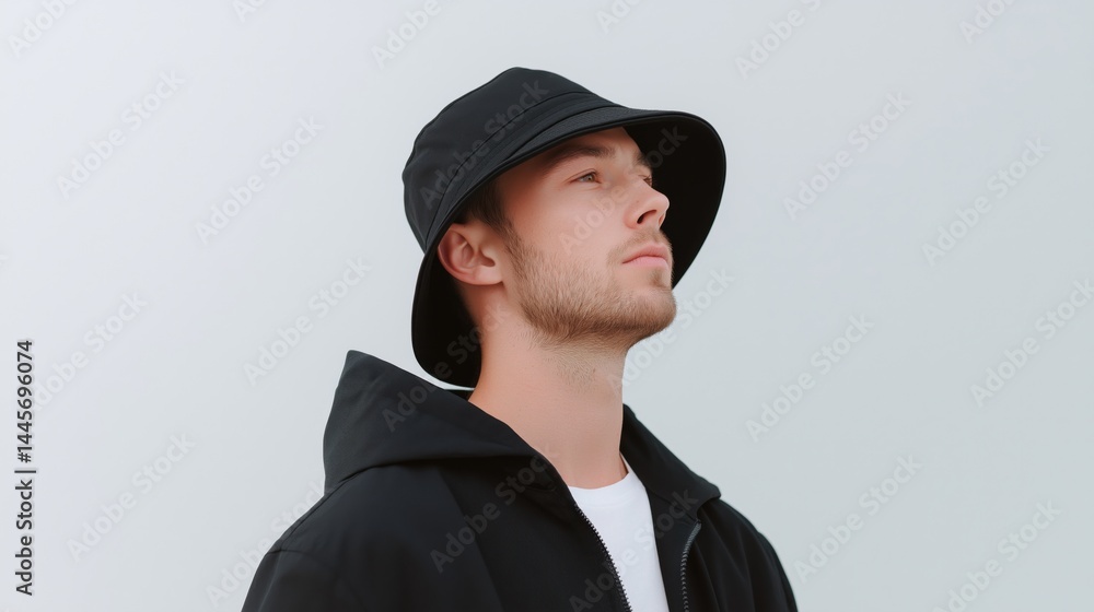 Young man wearing a black bucket hat looking upward against a plain white background in a minimalist setting.