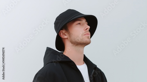 Obraz na płótnie Young man wearing a black bucket hat looking upward against a plain white background in a minimalist setting. w salonie