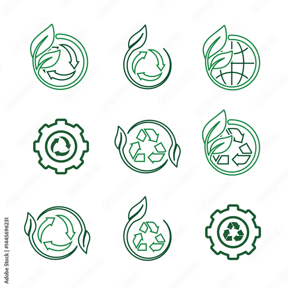 recycling icon set. symbol sustainability, reuse, eco, second hand, green energy. web icon. line design style. Design template vector recycling icon set. symbol sustainability, reuse, eco, second hand, green energy. web icon. line design style. Design template vector