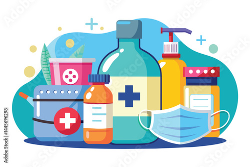 Various medical supplies including bottles, a face mask, and a cup are arranged visually on a vibrant blue background, symbolizing health and safety.
