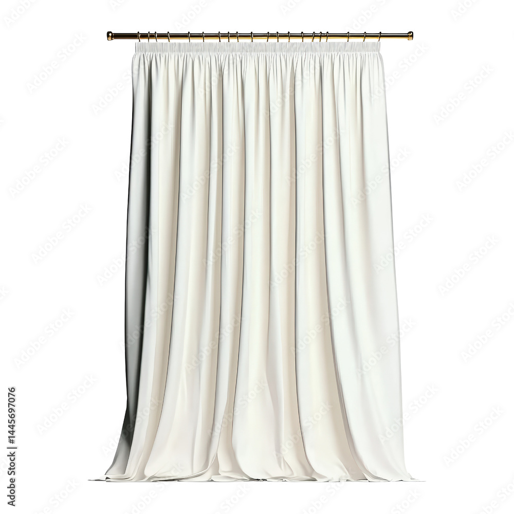 Fototapeta premium Elegant white fabric curtain with pleats hanging from a brass curtain rod on a plain white background, ideal for window dressing and interior decor