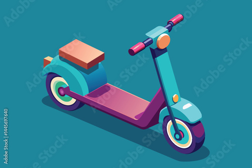 This electric scooter features a striking design with a vibrant blue body, purple deck, and a box at the back, highlighting its playful and modern style.