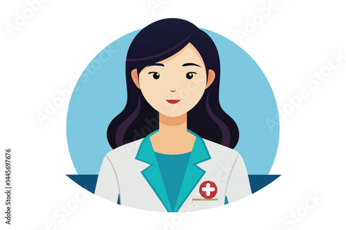 A healthcare worker wearing a lab coat with a medical cross pocket smiles warmly at the viewer while promoting a professional and welcoming atmosphere amidst a blue backdrop.