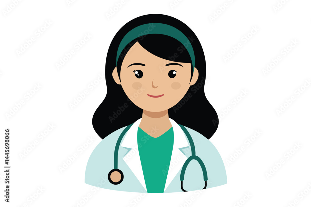 Fototapeta premium The illustration portrays a cheerful female doctor in a white coat with a stethoscope, showcasing a warm and approachable demeanor, perfect for representing healthcare.