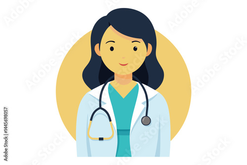 A young female medical professional is dressed in a white coat with a stethoscope around her neck, radiating confidence and health expertise in a minimalistic design.
