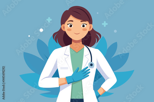 This healthcare professional stands confidently, wearing a lab coat and gloves, with a supportive expression, ready to help patients in a tranquil blue environment.