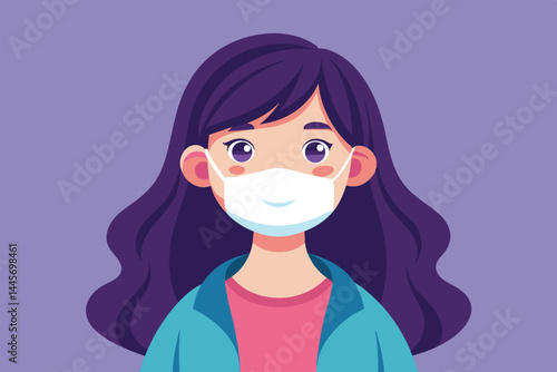 A young girl with long dark hair wears a mask, showcasing a colorful digital art style. The background is purple, emphasizing the importance of health and safety.