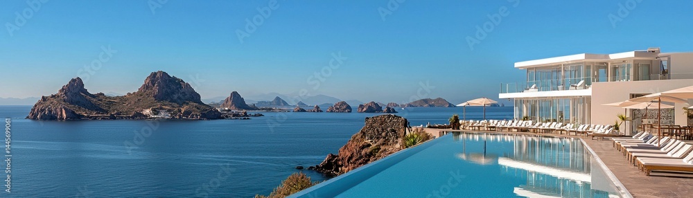 Fototapeta premium An infinity pool overlooking a scenic ocean and rocky islands