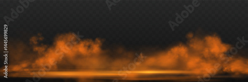 Realistic orange smoke or haze, overlay effect on a transparent background. Hot fire and flame, magic fog, vapor on floor. Abstract vector illustration