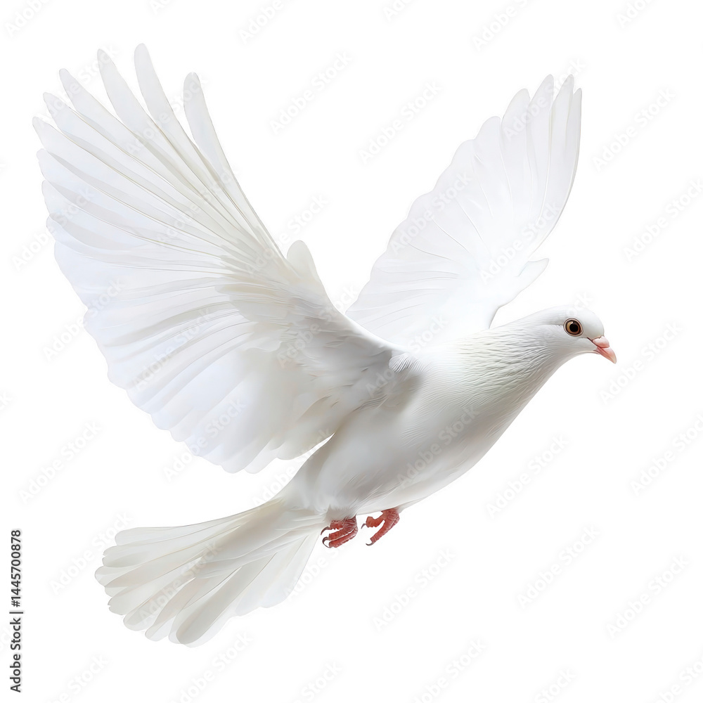 White dove gracefully soars through air, symbolizing peace and freedom with its wings fully extended against clear background. bird serene expression adds to tranquil scene White dove gracefully soars through air, symbolizing peace and freedom with its wings fully extended against clear background. bird serene expression adds to tranquil scene