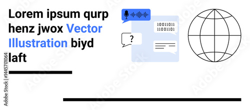Speech-to-text icon, binary code, question bubble, global sphere, and placeholder text. Ideal for digital communication, artificial intelligence, blockchain, technology innovation data sharing