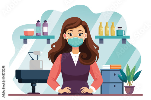 A woman in a mask stands at a beauty salon counter, showcasing her dedication to health and safety while surrounded by colorful products and a plant.