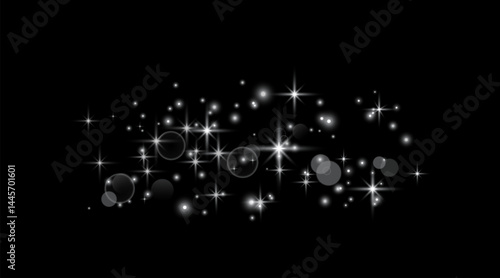 Silver magic sparks and dust stars. Glittering dots, particles, sparkles. Glow flare light effect. Silver luminous points. Vector particles on black background.