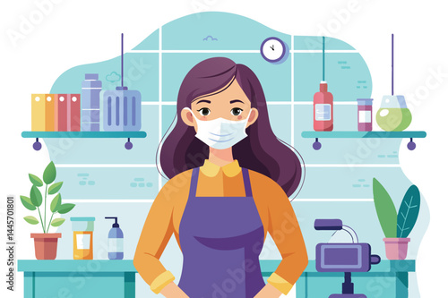 A woman wearing a protective mask poses in a vibrant workspace, surrounded by shelves with assorted products and greenery, indicating a lively work environment.