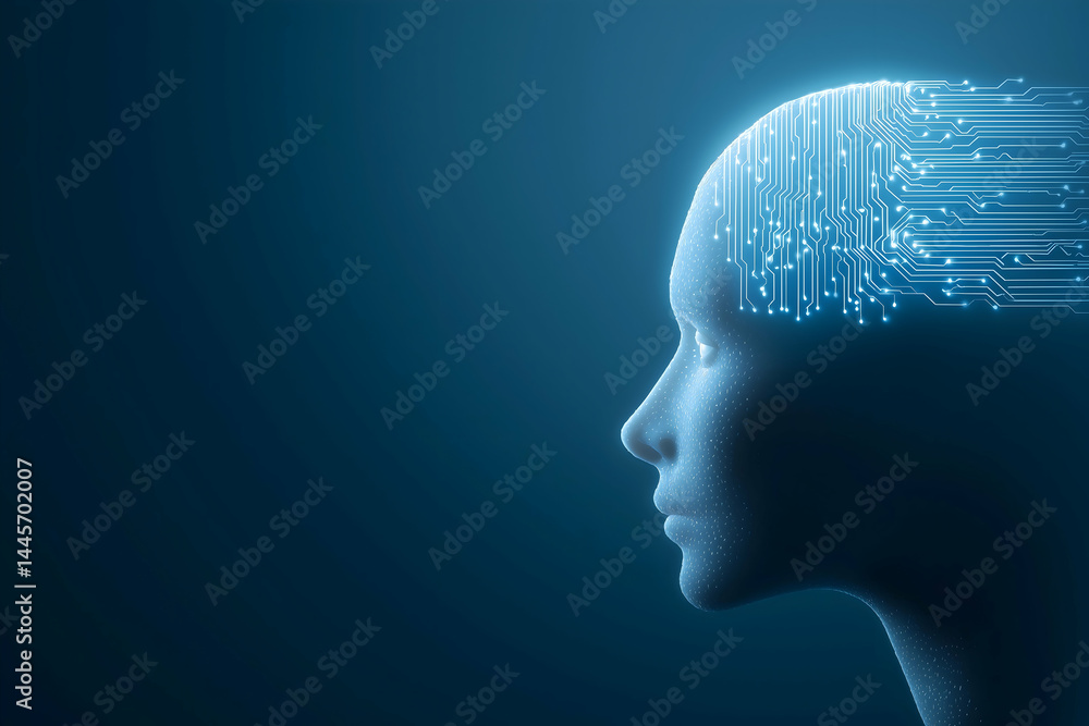 A digital human head with circuit patterns symbolizes artificial intelligence and technology integration on a dark blue background. A digital human head with circuit patterns symbolizes artificial intelligence and technology integration on a dark blue background.