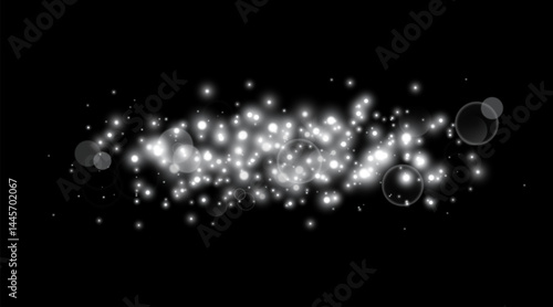 Silver magic sparks and dust stars. Glittering dots, particles, sparkles. Glow flare light effect. Silver luminous points. Vector particles on black background.