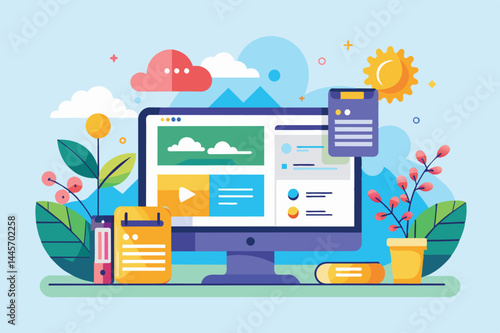 The lively workspace showcases a computer with a vibrant user interface, surrounded by decorative plants, clouds, and sun, reflecting a cheerful atmosphere.