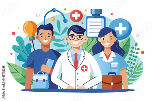 Three healthcare professionals stand together with cheerful expressions, showcasing medical symbols and plants in a vibrant, engaging design that emphasizes teamwork in healthcare.