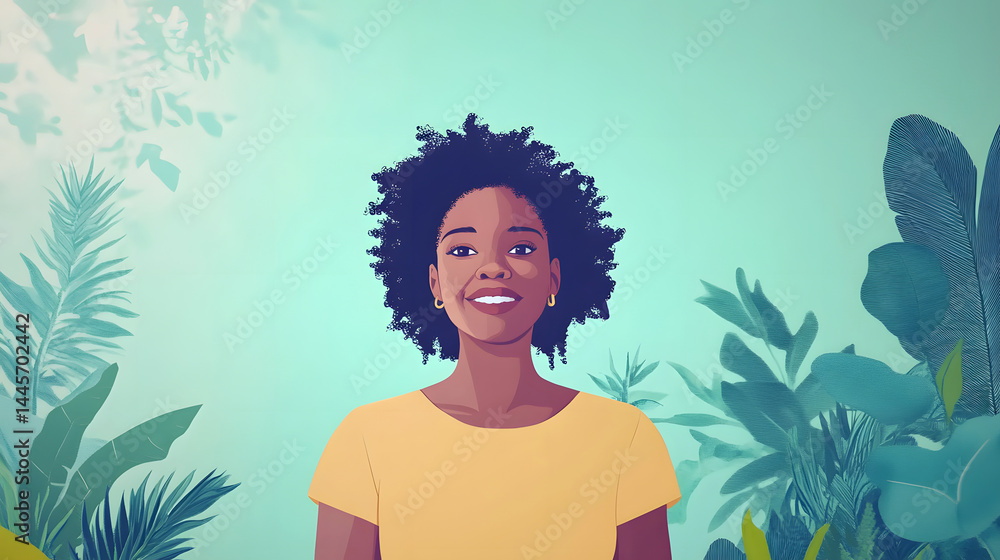 Smiling woman with green nature background: A portrait of a woman smiles against a serene backdrop of lush foliage. Smiling woman with green nature background: A portrait of a woman smiles against a serene backdrop of lush foliage.
