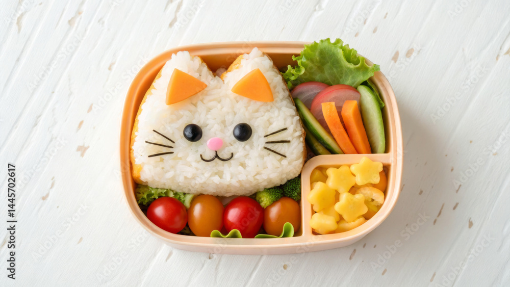 A delightful bento box features cat-shaped rice adorned with vegetable accents, surrounded by vibrant cherry tomatoes and fresh greens, perfect for a fun lunch