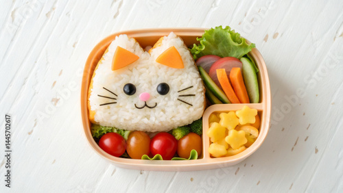 Obraz na płótnie A delightful bento box features cat-shaped rice adorned with vegetable accents, surrounded by vibrant cherry tomatoes and fresh greens, perfect for a fun lunch w salonie