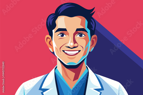 A young professional wearing a white lab coat smiles warmly, embodying a sense of approachability and expertise in a lively, colorful environment.
