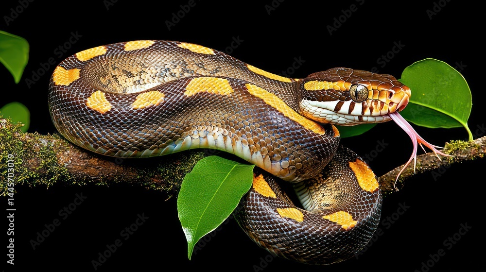 Obraz premium A colorful patterned snake is coiled on a mossy branch
