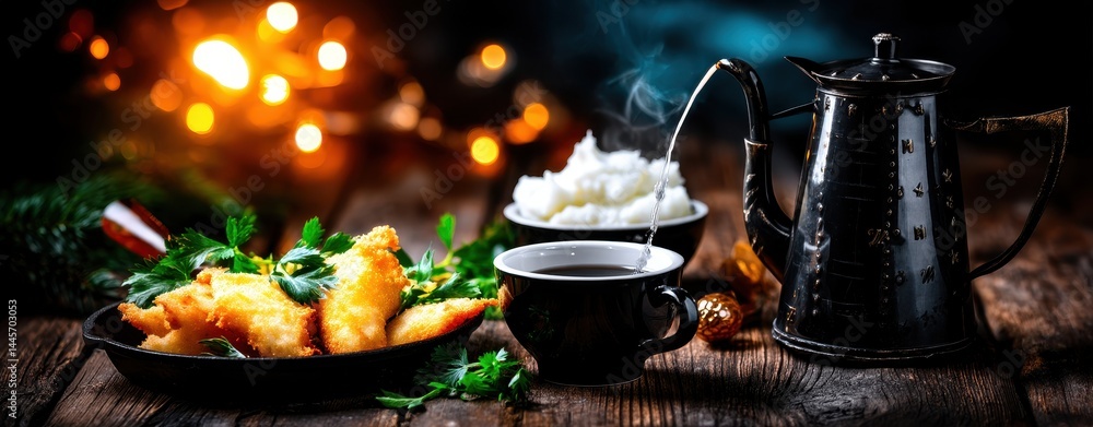 Golden Fried Pork Served with Fresh Herbs and Side of Rice Against a Cozy Background with Soft Lighting and Steam Rising from a Teapot Golden Fried Pork Served with Fresh Herbs and Side of Rice Against a Cozy Background with Soft Lighting and Steam Rising from a Teapot