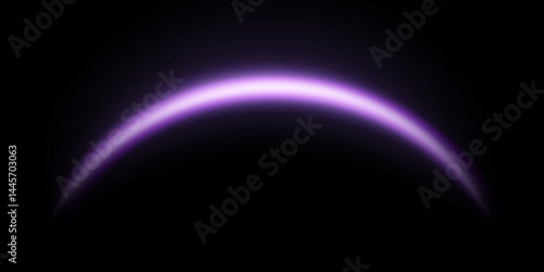 Purple magic arch with glowing particles, sunlight lens flare. Neon realistic energy flare arch. Abstract light effect on a black background. Vector illustration.