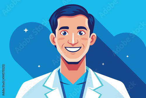 A cheerful doctor with a bright smile wears a white lab coat and a blue shirt, radiating a positive and professional vibe against a vibrant blue backdrop.