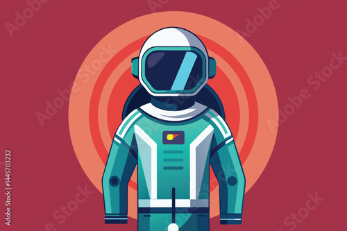 An astronaut in a striking teal suit poses confidently against a warm, circular gradient background, representing the excitement of space travel and exploration.