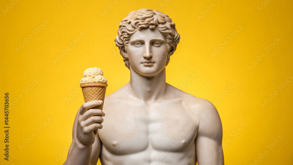 A sculpted figure of a youthful man holding an ice cream cone is displayed against a vivid yellow backdrop, blending classical art with modern themes in a playful manner
