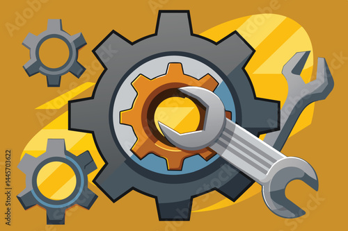 A mechanical illustration features interconnected gears and a wrench, symbolizing collaboration and engineering creativity in a workshop environment, emphasizing design and functionality.